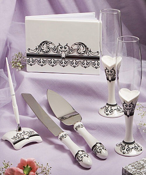 Black White Damask Theme Wedding Anniversary Guest Book Pen Cake Server 3 Piece