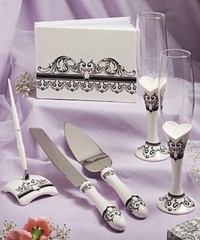 Black White Damask Theme Wedding Anniversary Guest Book Pen Cake Server 3 Piece
