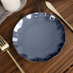 10 NAVY BLUE 6″ Round PLASTIC Salad Dinner PLATES Gold Wavy Rim Wedding Party