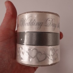 SINGER Wedding Day Ribbon Set White Gray Polyester 3 Rolls 6 ft Hearts