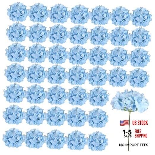 46 PCS Hydrangea Artificial Flowers Silk Hydrangea Heads with Stems, Bule Blue
