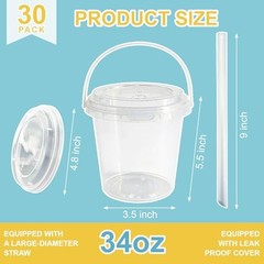 Drink Buckets with Lids and Straws, Reusable Clear Plastic Party 30 Sets 34 oz