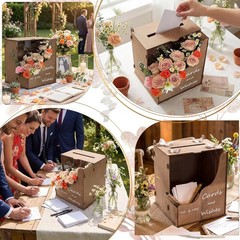 Wooden Wedding Card Box with Wave Flower Trough, Rustic Brown Wedding Card Bo…