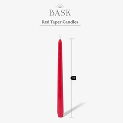 Bask 10-inch Taper Candles – Unscented and Dripless – Burns 10″ – 12Pack, Red