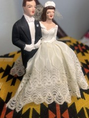 Vintage 1950s Wedding Cake Topper Ceramic Fabric Small Pretty Classic Brunette