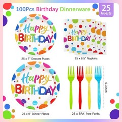 Multicolor Birthday Decorations Plates Set for 25 Guests, 100 Pieces Birthday…