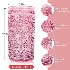 Drinking Highball Beverage Glass Cup, Vintage Drinking Glasses, 12oz Pink