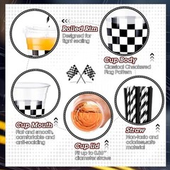 50 Sets Checkered Cup with Flat Lids and White Black Checkered Flag Plaid