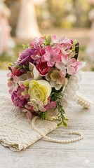 Elegant Artificial Silk Rose & Hydrangea Bridal Bouquet – Pink & Cream Vintage