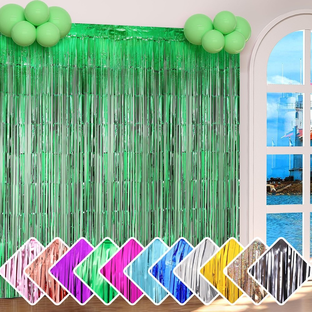3 Pack Green Foil Fringe Backdrop Curtain 3.3ft*6.6ft Streamers Curtain for P…