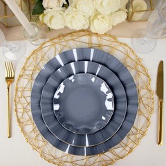 10 NAVY BLUE 6″ Round PLASTIC Salad Dinner PLATES Gold Wavy Rim Wedding Party