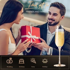 Hanjue Champagne Glasses Set of 2, Clear Flutes 7 Oz 7 Ounces, Gold