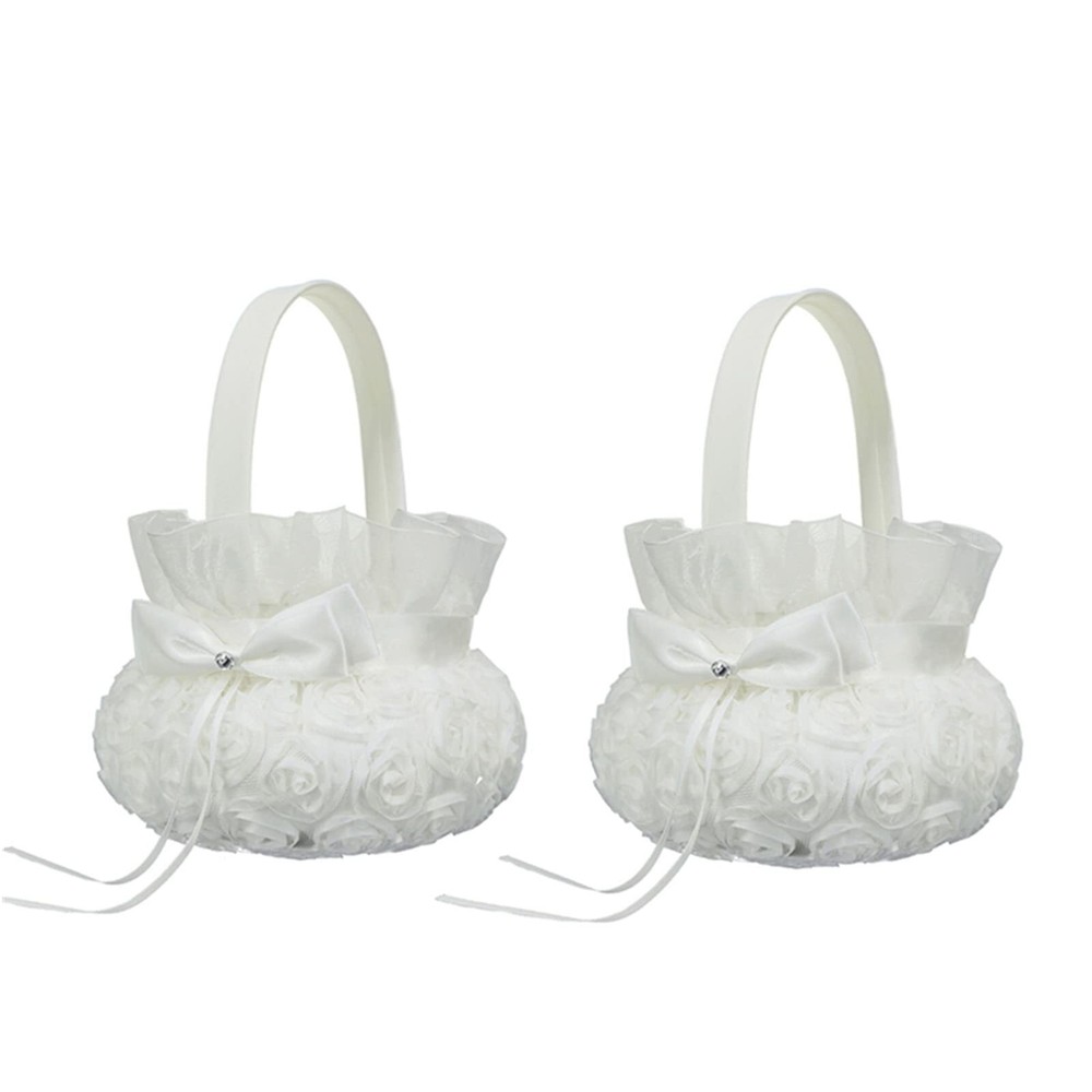 2PCS Wedding Flower Girl BasketsCute Handle Rose Flowers Girl Basket White Fl…