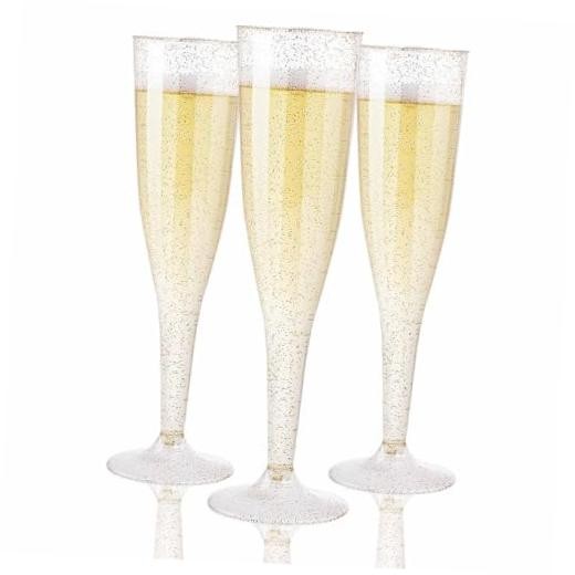 36 Pack Glitter Plastic Champagne Flutes – 7OZ Disposable Champagne Gold