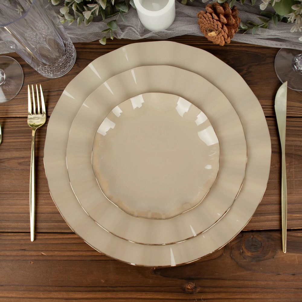 10 TAUPE 6″ Round PLASTIC Salad Dinner PLATES Gold Wavy Rim Wedding Party