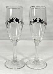 Pair Champagne Flutes Pewter Overlay Doves Heart Wedding Toast Glass