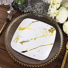 10 WHITE GOLD Square Metallic Marble Plastic Salad DINNER PLATES Party Tableware