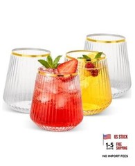 Pack 12oz Stemless Plastic Wine Glasses – Clear Ribbed Cups 36 Clear and Gold