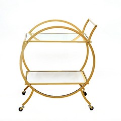 2.5 feet Gold 2-Tier Round Metal Bar Cart with Mirror Glass Serving Trays Home
