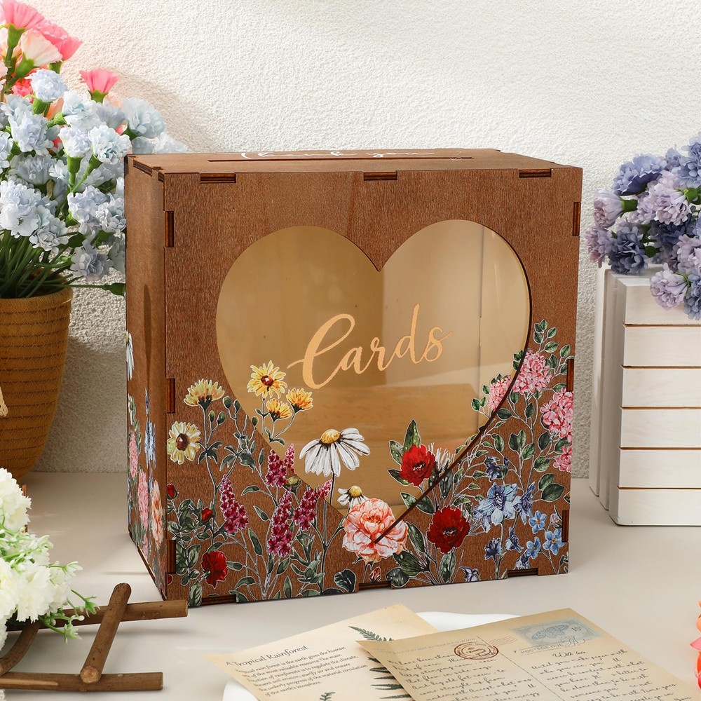 Spring Brown Wedding Card Box for Reception with Heart Acrylic Window Summer Vi