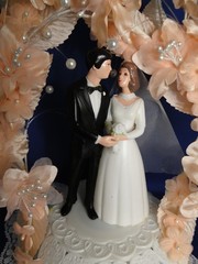 New Vintage Wilton MOONLIT SNOW Peach Wedding Cake Top, Black Suit # 114-205