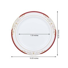 White Round 10″ Salad Plates Red Gold Trim Party Catering Disposable Supplies