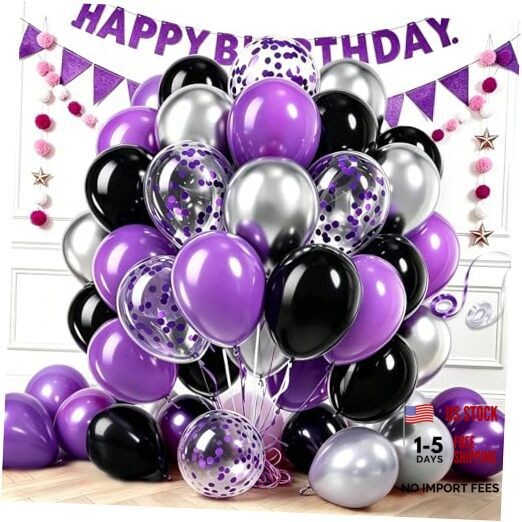 68pcs Black Purple Balloons Kit, Matte Metallic Confetti Latex Blackish Purple
