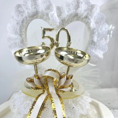 Vintage 50th Wedding Anniversary Cake Topper with Gold Champagne Flutes Ribbons
