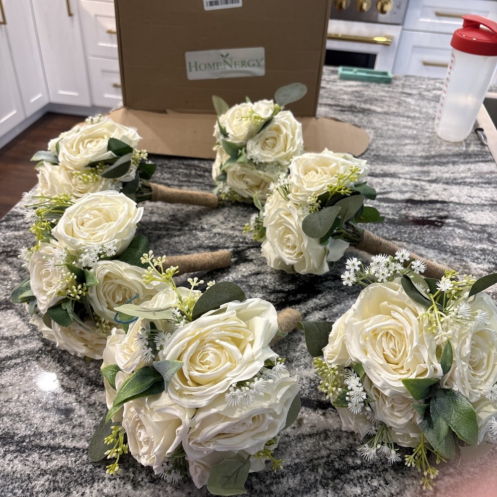 Set of 6 Wedding Bridesmaid Bouquets – 7 Inch Ivory Artificial Flowers Bouque…