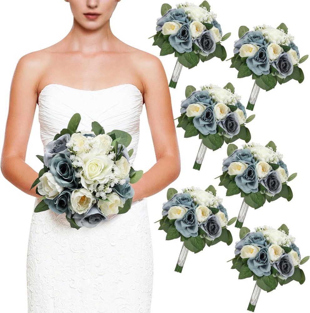 Set of 6 Dusty Blue & White Artificial Bridesmaid Bouquets 11 Inch Round Wedding