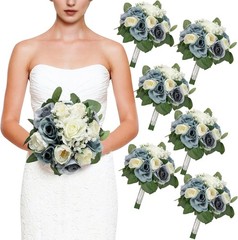 Set of 6 Dusty Blue & White Artificial Bridesmaid Bouquets 11 Inch Round Wedding