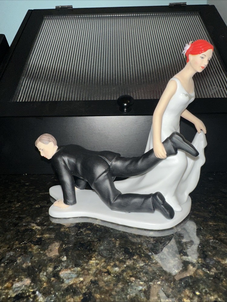 Red Haired Bride Pulling Hubby Wedding Topper