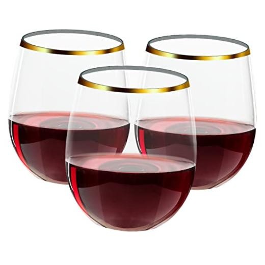32 Pack 12 OZ Plastic Wine Glasses, Stemless Disposable Wine 12OZ-32-Gold Rim
