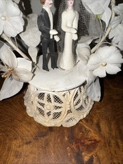Vintage Wedding Cake Topper Bride Groom Flowers Leaves Lace