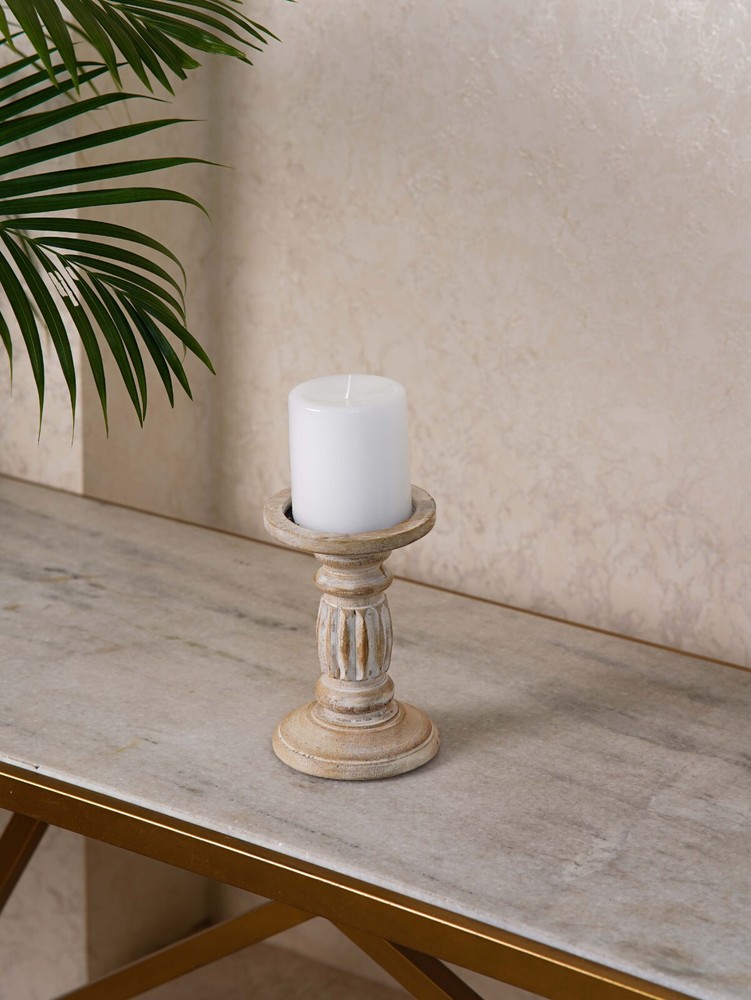 Traditional Gray Wash Eco-friendly Handmade Mango Wood Pillar Candle Holder