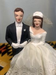 Vintage 1950s Wedding Cake Topper Ceramic Fabric Small Pretty Classic Brunette