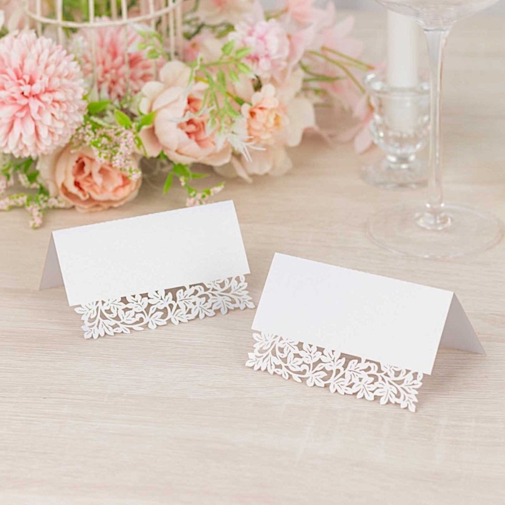 50 WHITE Paper Table Name PLACE CARDS Laser Cut Leaf Vine Design Party Events