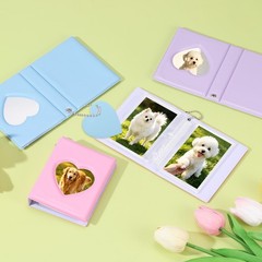 Mini Photocard Binder, 3″ Heart Hollow Photo Album with Keychain, Blue
