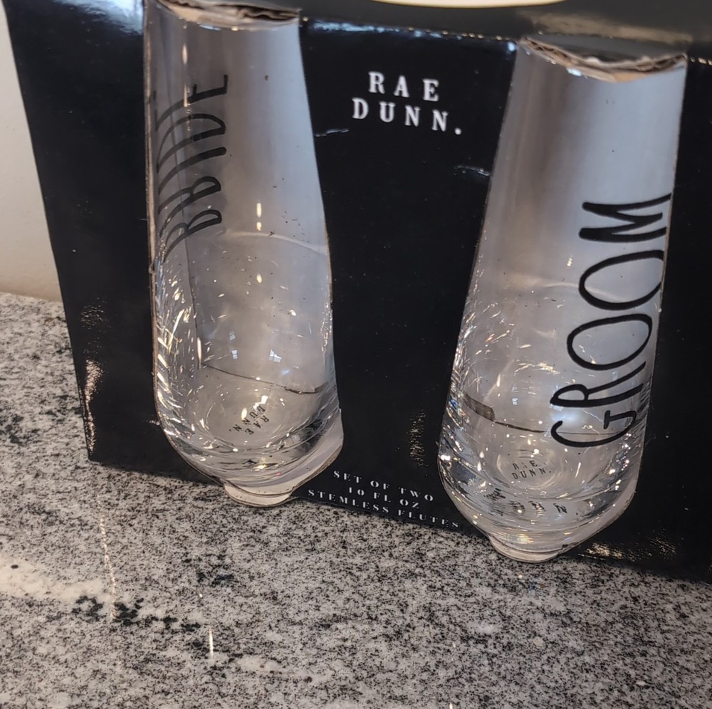 Rae Dunn Bride Groom Stemless Flute Wedding Glassware Set Clear 2-Piece