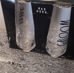 Rae Dunn Bride Groom Stemless Flute Wedding Glassware Set Clear 2-Piece