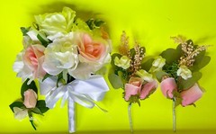 Bridal artificial silk flowers bouquet white & pink, 2 corsages, boutonniere lot