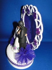 New Medium Dark skin Bride & Groom Wedding CakeTop, purple decor & heart, #335