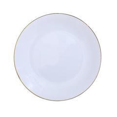 WHITE 10 Glossy 10″ Round Plastic Salad PLATES Gold Rim Party Events Decorations