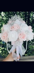 Artificial Pink & White Rose Wedding Bouquet with Tiara & Rhinestones
