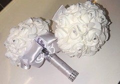 2x Artificial White Rose Wedding Bouquets w/ Silver Satin Ribbon & Rhinestones