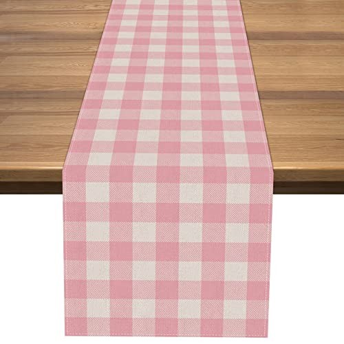Linen Easter Pink and White Buffalo Check Plaid Table Runner Gingham 13″ x 72″