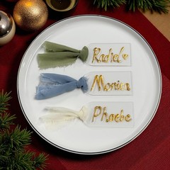 30 PCS Acrylic Place Card For Wedding Clear Transparent DIY Seating Blue Ribbon