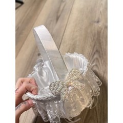 Vintage White Satin Lace Flower Girl Basket Faux Pearl Rhinestone Bow Wedding