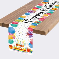 White Happy Birthday Table Runner, 48×13 Inch | Balloon & Gift Design, Party …