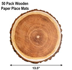 Disposable Wooden Slice Paper Place Mats 50 Pack 13.5″ Round Rustic Brown